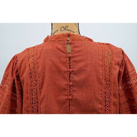 Ces Femme Women Top‎ Small Rust Lace Ruched Embroidered Detailed Button Closure - Picture 6 of 9